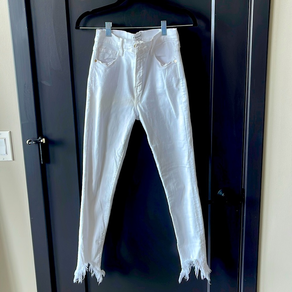 Frame high waisted white jeans with frayed hem